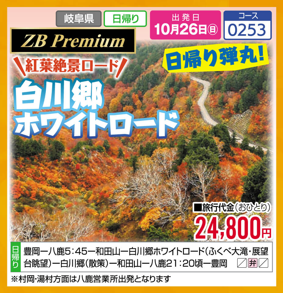 【ZB Premium】紅葉絶景ロード 白川郷ホワイトロード 日帰り弾丸！