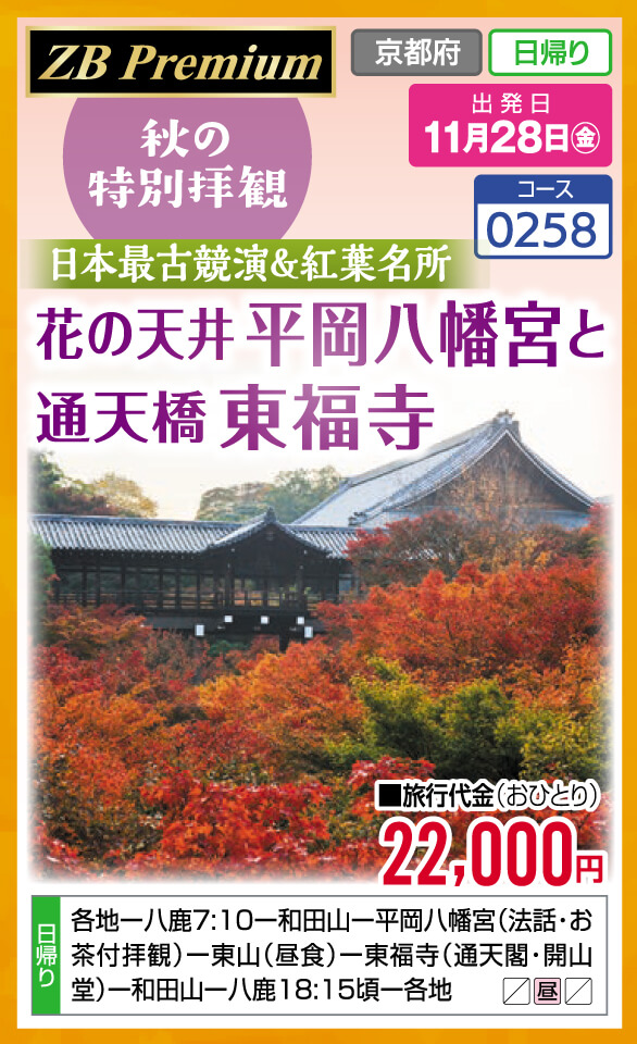 【ZB Premium】秋の特別拝観 日本最古競演＆紅葉名所 花の天井 平岡八幡宮と通天橋 東福寺