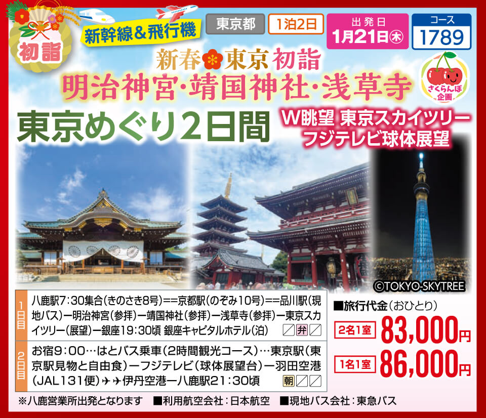 【さくらんぼ企画】初詣 新幹線&飛行機 新春東京初詣 明治神宮・靖国神社・浅草寺 東京めぐり2日間 W眺望 東京スカイツリー フジテレビ球体展望