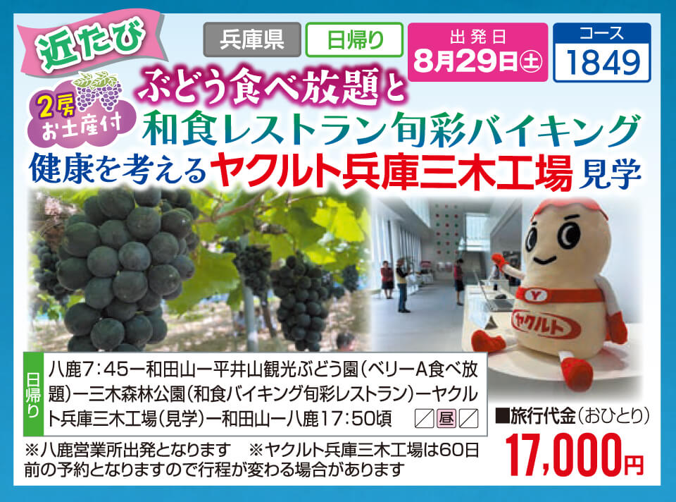 【近たび】ぶどう食べ放題と和食レストラン旬彩バイキング　健康を考える ヤクルト兵庫三木工場見学【2房お土産付】