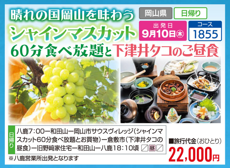 晴れの国 岡山を味わう シャインマスカット 60分食べ放題と下津井タコのご昼食