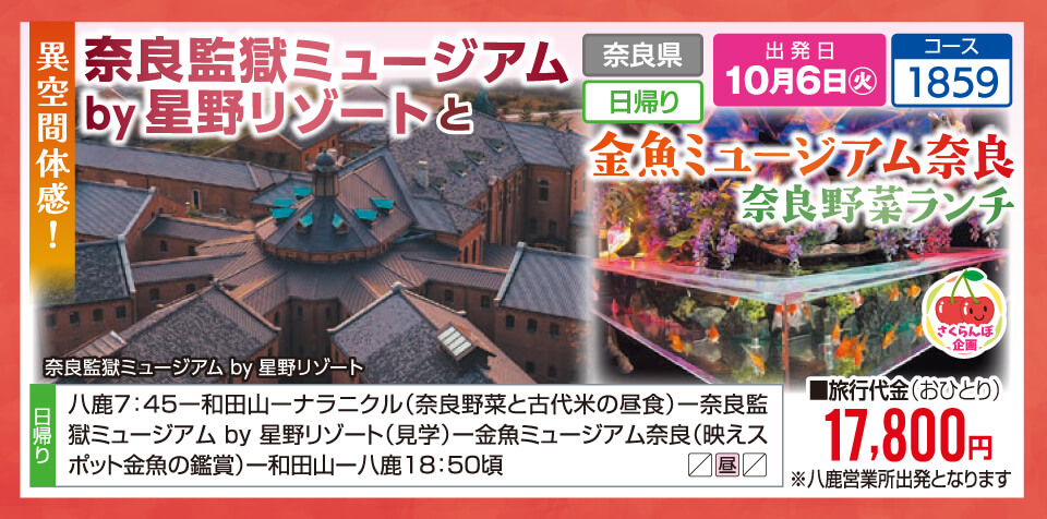 【さくらんぼ企画】異空間体感!奈良監獄ミュージアムby星野リゾートと金魚ミュージアム奈良 奈良野菜ランチ
