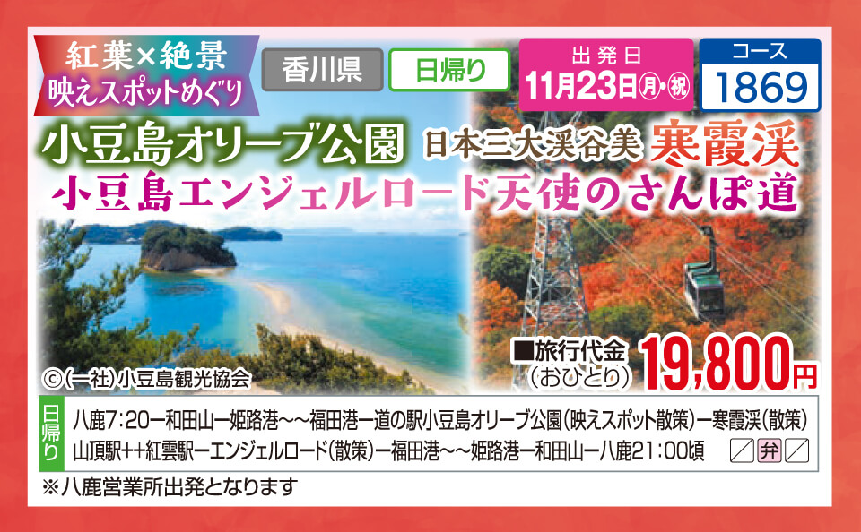紅葉×絶景 映えスポットめぐり 小豆島オリーブ公園 日本三大渓谷美 寒霞渓 小豆島エンジェルロード天使のさんぽ道