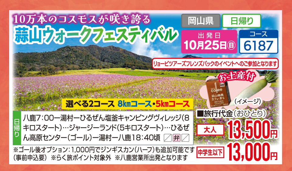 10万本のコスモスが咲き誇る 蒜山ウォークフェスティバル【お土産付】