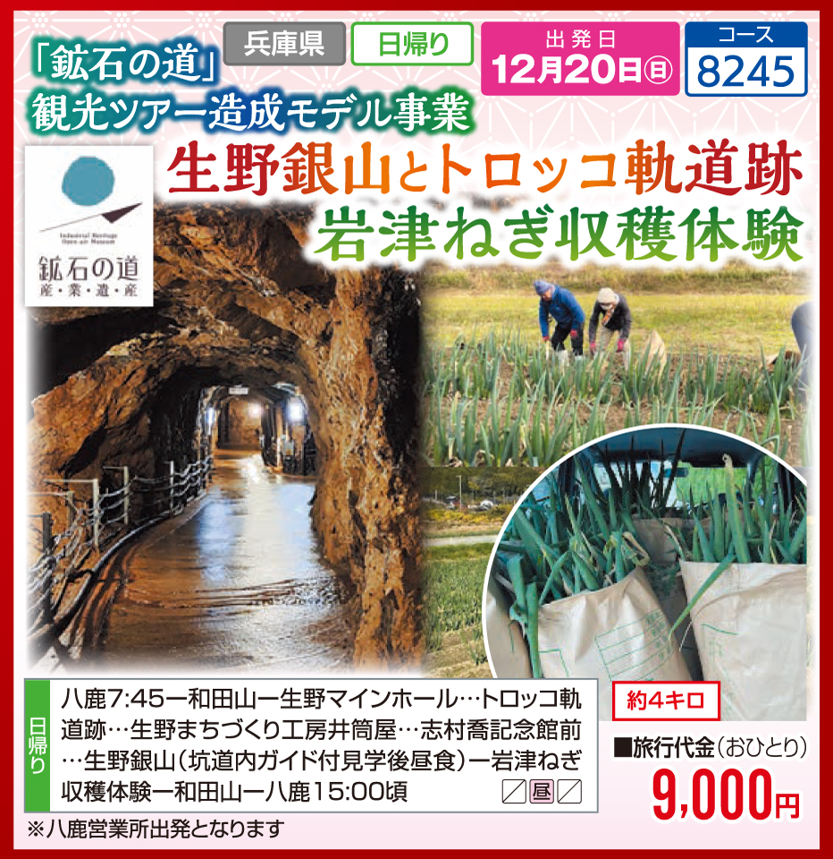 「鉱石の道」観光ツアー造成モデル事業 生野銀山とトロッコ軌道跡 岩津ねぎ収穫体験